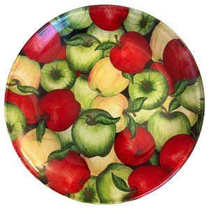 RARE! Vtg Decoupage APPLE PLATE Red Green Yellow Apples Vivid Fruit 10” D MINT!